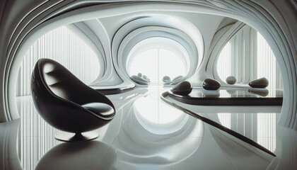 Sci-fi futuristic interior with white organic shapes and black bubble chairs
