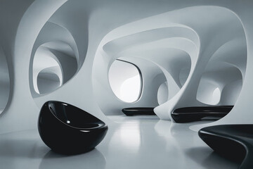 Futuristic organic architecture interior with flowing white curves and minimalist design