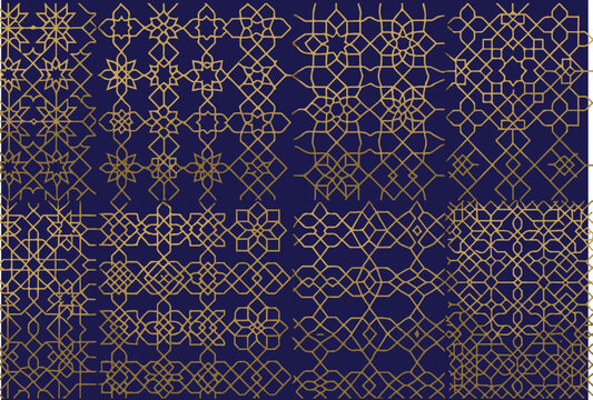 Set of luxury gold Islamic geometric seamless patterns, Arabic line art ornament collection for Ramadan Kareem and Eid Mubarak.