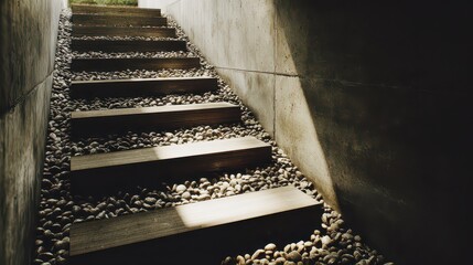 Ascending Wooden Stairway with Stone Base Against Concrete Walls in Dim Lighting Leading Upward