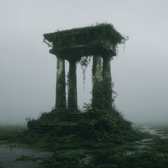 Overgrown Ancient Ruin In Mist