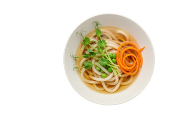 Udon noodle soup with peas and carrot isolated PNG, traditional Japanese cuisine on transparent background