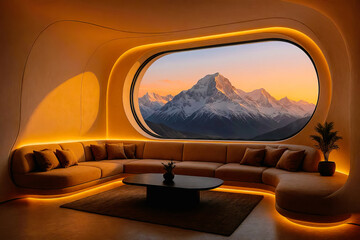 Luxury Sci-Fi Living Room with Mountain View Through Oval Window, Futuristic Home

