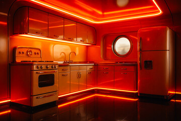 Sci-Fi Kitchen with Orange Neon Lighting and Circular Window, Futuristic Home

