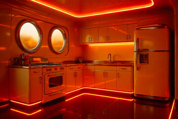 Futuristic Kitchen Interior with Red Neon Lights, Sci-Fi Home Design Concept

