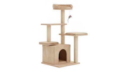 Cat tree with platforms and toys isolated on transparent background