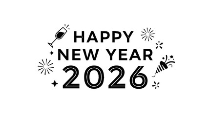 Minimalist black and white graphic design celebrating the arrival of the new year 2026 with festive icons like champagne and confetti for seasonal greetings