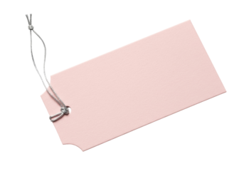 Pale pink tag with silver string isolated PNG, blank label for price or gift with a notched corner on transparent background