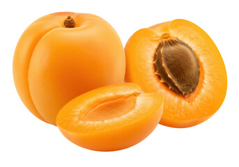 Fresh apricots isolated PNG, whole and halved ripe fruits with pit on transparent background, healthy eating and summer harvest concept