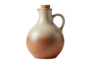 Ceramic olive oil bottle with cork isolated PNG, rustic kitchenware for cooking and serving Two-tone stoneware jug on transparent background
