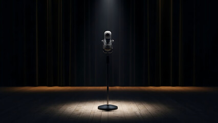 Vintage Microphone on a Stage Spotlight with Curtains - Evoking a sense of performance and history