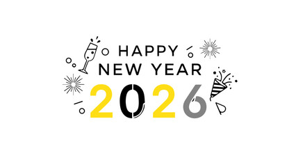 Minimalist graphic design celebrating the arrival of the new year 2026 with festive hand drawn celebratory elements and clean typography