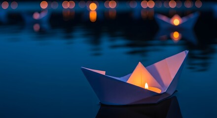 Paper boats with lit candles gently floating on dark serene water, depicting a peaceful journey and spiritual remembrance concept