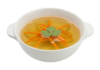 Chicken broth with carrots and parsley isolated PNG, healthy and comforting soup for cold days and nutritious meals