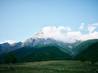 Fototapeta premium Mountains rise over a grassy meadow beneath a clear blue sky with fluffy clouds, creating a tranquil alpine landscape ideal for nature, travel, and outdoor inspiration in stock photography