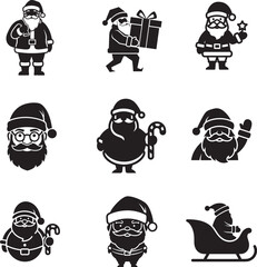 Christmas Vector Icon Collection: 21 Black and White Santa Claus Characters and Decorative Gift Box Symbols with Ribbons and Patterns for Holiday Design