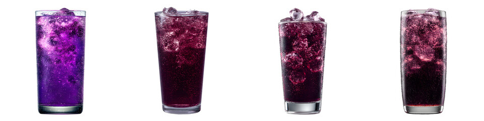 Set of purple sparkling soda in glass with ice, isolated on transparent background