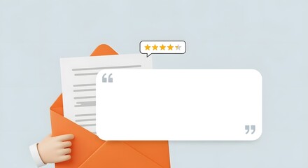 A cartoon hand holding an orange envelope with a document, next to a feedback speech bubble and a five-star rating, symbolizing customer review.
