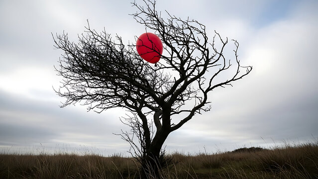 Red balloon caught in barren tree branches against cloudy sky, surreal nature scene