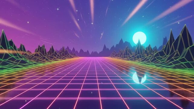 Retrofuturistic landscape with neon grid and mountains under a vibrant sky