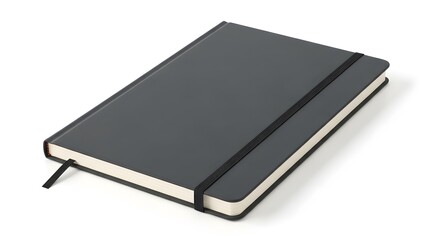 Notebook closed in black color with bookmark and elastic band on white table