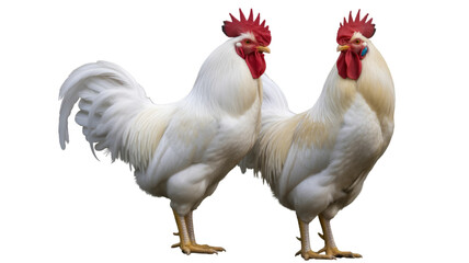 Fototapeta premium Two white roosters with red combs and wattles standing side by side isolated on transparent background