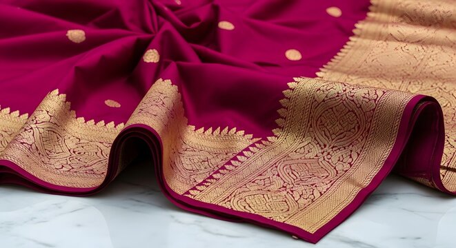Elegant folded Indian saree in vibrant magenta silk with ornate golden zari work for a traditional luxury fashion concept