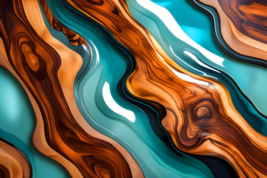 Abstract Flowing Wood and Resin Texture Background in Teal and Warm Brown Tones