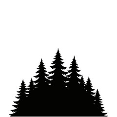 Obraz premium Silhouette of a dense forest with multiple tall evergreen trees in a dark black silhouette against a white background, evoking nature and the wilderness