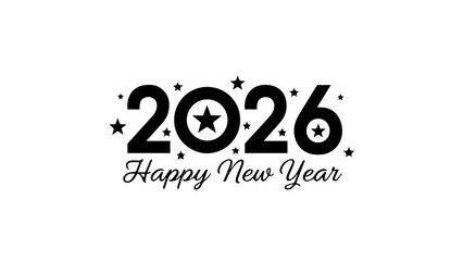 Bold black and white graphic design featuring the year 2026 prominently displayed above stylized happy new year text surrounded by small stars