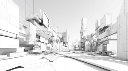 Futuristic Cityscape: Architectural Wireframe Render