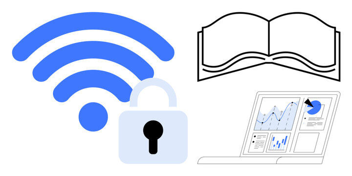 Network security, digital education, online research, data privacy, analytics tools, technology access. wireless symbol, padlock book and laptop with charts. Network security and digital education