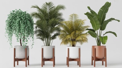 Fototapeta premium Four indoor plants in modern pots
