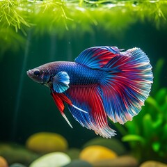A vibrant, colorful aquatic creature is captured swimming. Its fins showcase a stunning display of reds, blues, and whites, amidst a verdant underwater world