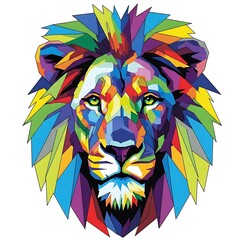 A vibrant, colorful artistic depiction of a lion's head, featuring a geometric style with sharp angles and bold hues