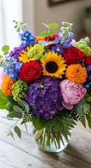 A vibrant, colorful bouquet in a glass vase. Flowers include sunflowers, roses, hydrangea, and others, arranged artfully on wood