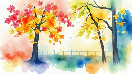 Two trees with colorful falling leaves against abstract watercolor splattered background