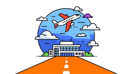 A vibrant, colorful cartoon illustration depicts a plane taking off over a terminal. Includes clouds, a runway, and a blue/orange background
