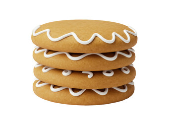 Stack of four gingerbread cookies with white icing isolated PNG, festive holiday treat on transparent background for Christmas designs