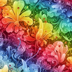 A vibrant, colorful digital illustration featuring stylized floral and botanical elements in a seamless, repeating pattern, with a rainbow gradient