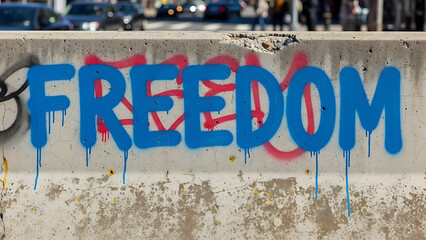 A graffiti wall with the word freedom written in blue letters on a concrete barrier alongside a busy highway