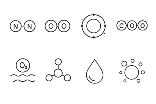 Atmospheric Gas Icons. Atmospheric Gas Components in outline black lines style: nitrogen molecule, oxygen molecule, argon atom, carbon dioxide molecule, ozone layer symbol, methane