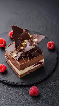 Sweet chocolate cake with fresh raspberry on gray background