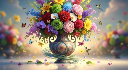 A vibrant, colorful floral arrangement in an ornate vase with butterflies and hummingbirds against a soft, bright background