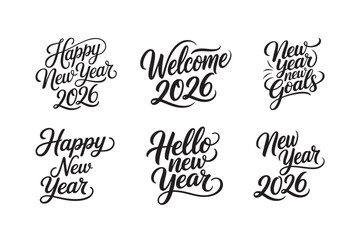 Happy New Year 2026, hand-lettered vector bundle, perfect for T-shirts, greeting cards, posters, mugs, pillows, and festive prints