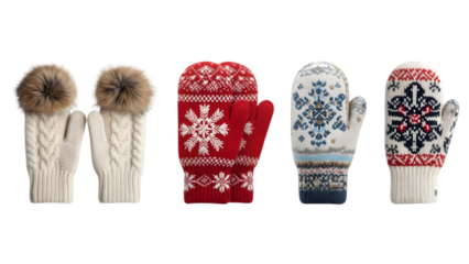 Collection of colorful winter mittens isolated on transparent background for cold weather