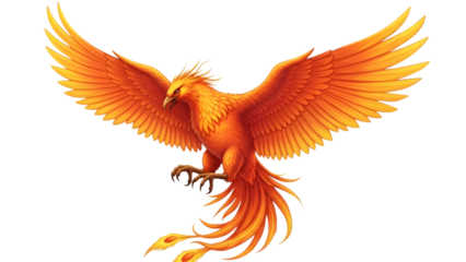 Fiery phoenix with outstretched golden orange wings and trailing flames isolated on a transparent background