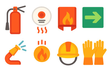 Modern Fire Safety Icons. Fire Protection Set flat set: fire suppression canister, smoke alarm, safety blanket, evacuation arrow sign, hose nozzle, thermal sensor icon, safety