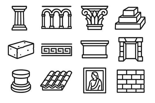 Ancient Architecture Icons. Ancient Architecture Elements linear set: stone column, arches, carved capital, stepped platform, clay brick, decorative frieze, lintel block, stone