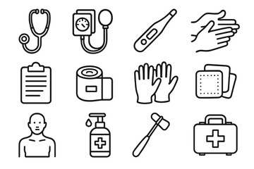 Medical Training Icons. Medical Training Essentials linear set: stethoscope, blood pressure cuff, thermometer, pulse check icon, medical clipboard, bandage roll, exam gloves, gauze
